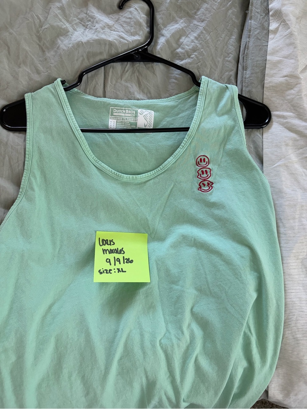 Dutch Bros Mint Tank Top with Red Smiley Embroidery